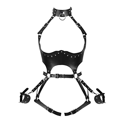 Waist Garter belt Punk Full body harness for women Photography Dance Rock Halloween Leather cage Chest strap set - Black