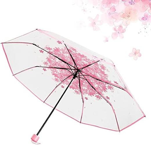 JOBEDE Three Fold Umbrella Women Transparent Clear Cherry Blossom Mushroom Sakura Folding Sunshade Rain Umbrellas