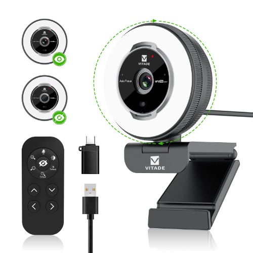 VITADE Streaming Webcam with Ring Light, Zoomable Web Camera with Remote Controls, 1080P 60FPS, Fast AutoFocus, Built-in Privacy Cover, Noise Reduction Mics, for PC Mac Laptop Desktop Zoom Skype Teams