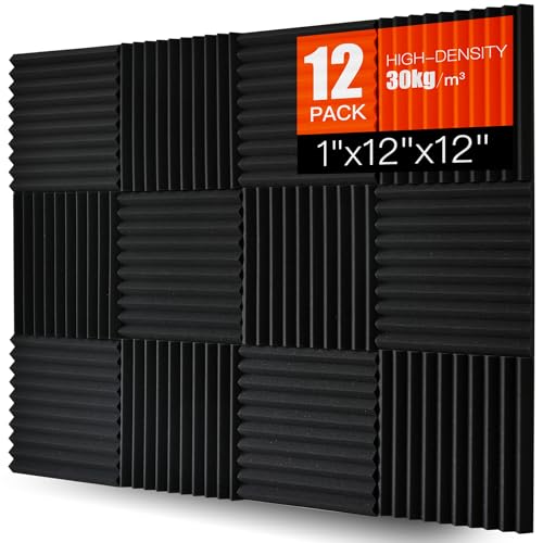 Acoustic Foam Panels 12 Pack – 1" x 12"x 12" High Density Soundproofing Wedges for Wall, Noise Absorbing and Sound-Damping, Quick-Recovery, Fire-Resistant – Perfect for Studio, Office, Gaming Room - 1 INCH - 12 Pack