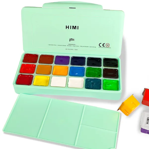 HIMI Gouache Paint Set, 18 Colors x 30ml with a Palette & a Carrying Case, Unique Jelly Cup Design, Miya Guache Paint on Canvas Watercolor Paper - Perfect for Beginners, Students, Artists(Green Case)