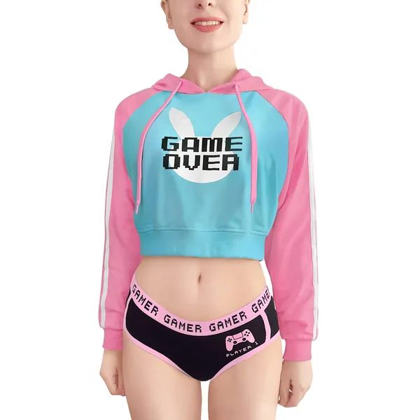 Littleforbig Women's Bunnywatch Cosplay Gaming Casual Regular Fit Long Sleeve Drawstring Cropped Hoodie Jacket Pink - Blue Small