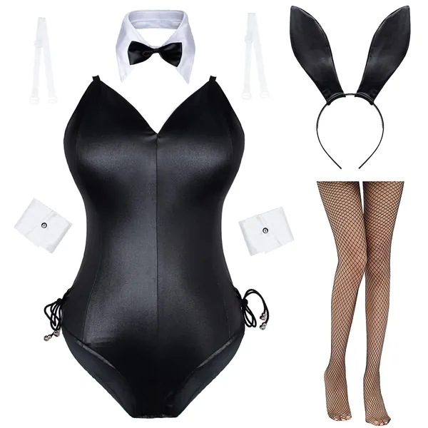 AiMiNa Womens Bunny Girl Senpai Cosplay Anime Role Costume One Piece Bodysuit Removable Padded with Stockings Set - Small Black