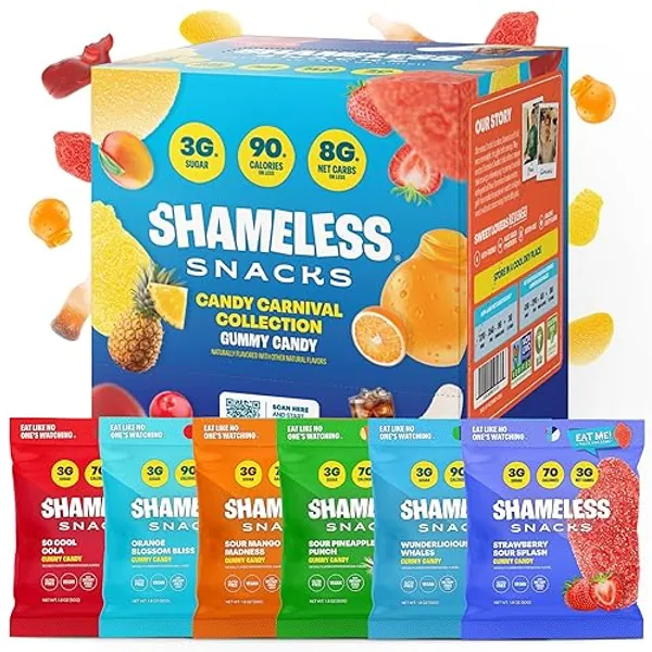 Shameless Snacks Candy Carnival - Healthy Low Sugar Snacks with Pineapple, Mango, Orange, Strawberry & Cola Gummies - Vegan, Gluten-Free, Low-Calorie Candy Variety Pack