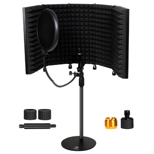 Studio Microphone Isolation Shield with Desk Mic Stand and Pop Filter, High Density Sound Proof Absorbing Foam, Portable Acoustic Treatment Equipment for Recording Mics Home Studio Podcast Vocal Booth - 