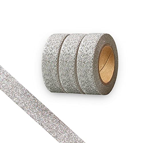 Glitter Washi Tape,3 Rolls 5/8"(15mm) silver Decorative Tape, Craft Self Adhesive Stick On Sticky Glitter Trim Gold ，Supplies for DIY, Bullet Journal, Craft, Gift Wrapping, Scrapbooking (Laser silver) - Laser silver