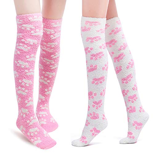 Littleforbig Cute Coral Fleece Thigh High Long Paws Pattern Socks 2 Pairs - Large - Pink