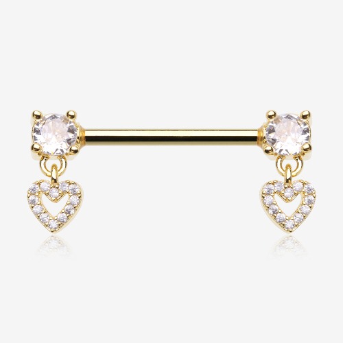 A Pair of Golden Brilliant Sparkle Heart Gem Hollow Dangle Nipple Barbell | Gold / 14 GA (1.6mm), 3/4" (19mm)