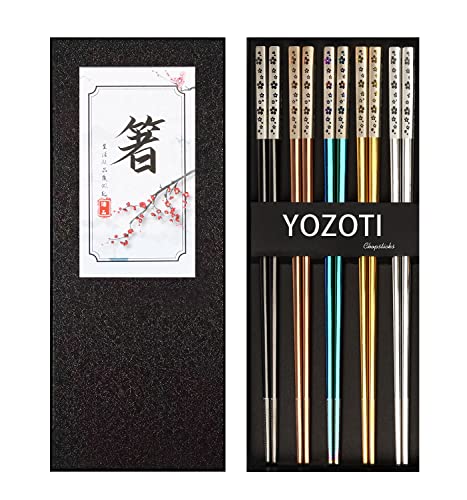 YOZOTI Stainless Steel Chopsticks, Reusable Chopsticks, 5 Pairs Dishwasher Safe Metal Chopsticks, Easy to Use, Square Lightweight Chop Sticks, Gift Set (Multicolor) - Multicolor
