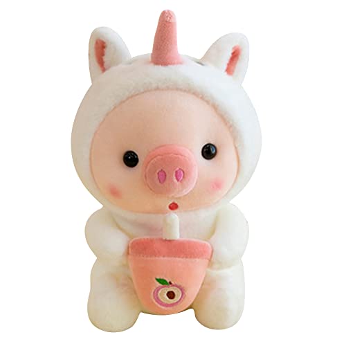 Hpory Bubble Tea Pig Plush Toy, Stuffed Animals Piggy Plush Toys Dressed in Rabbit Frog Tiger Costume, Cute Soft Pig Plush Toy Frog Hugging Pillow Fluffy Pig Plushie for Kids - B