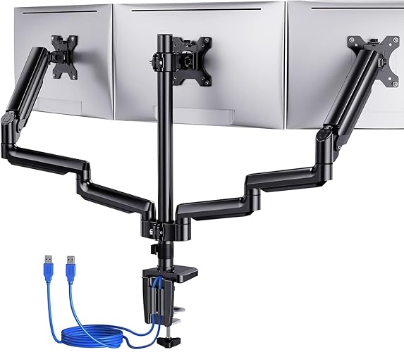ErGear Triple Monitor Mount for 13-27 inch Screens, Gas Springcore Triple Monitor Arm with USB, Heavy Duty Triple Monitor Stand with Tilt, Swivel, Rotation, Holds Up to 17.6 lbs Each Arm - Black