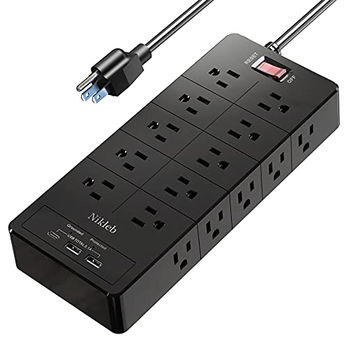 Power Strip 23 in 1, 20 Outlets Surge Protector Wall Mount with 2 USB Ports + 1 USB C Port 3.1A Total, Multi Plug Extension Cord 6ft Heavy Duty, Office Desk Accessories for Gaming, Studio - black power strip surge protector
