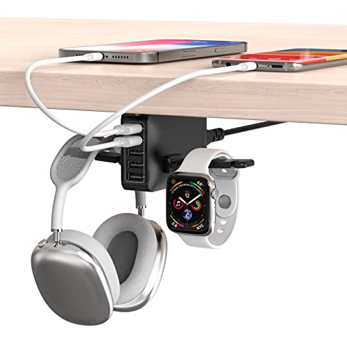 HORUMP PC Gaming Headphone Headset Holder Hanger Hook, Dual Headphone Stand Under Desk with 5 Ports USB Charging Station, Suitable for Gamer Earphone Accessories as Boyfriend, Son, Husband Gifts - Black（5 USB A）