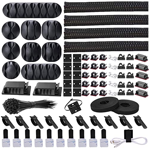 N NOROCME Cord Management Organizer Kit 4 Cable Sleeve Split with 41Self Adhesive Clips Holder, 10pcs and 2 Roll Self tie 100 Fastening Ties for TV Office Car Desk Home Black - 152 PCS