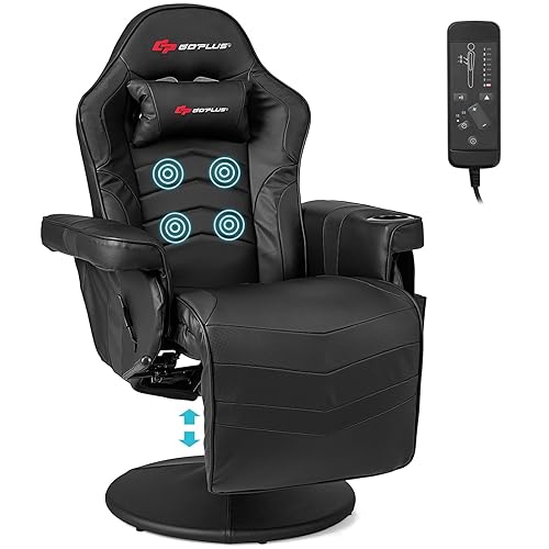 Goplus Gaming Chair, Height Adjustable Massage Video Game Chair with Retractable Footrest, Cup Holder, Headrest, Swivel Office Chair, Racing Style Swivel Gamer Chair (Black) - Black - Height Adjustable