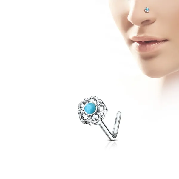 Nose stud with flower filigree and turquoise stone - Silver