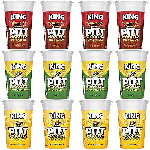 Noodles Multipack Bundle With 4x Pot Noodle Chicken & Mushroom, 4x Pot Noodle Beef and Tomato, 4x Pot Noodle Original Curry - Instant Noodles King Pot 114g - Quick and Easy Ready Meals and Snacks