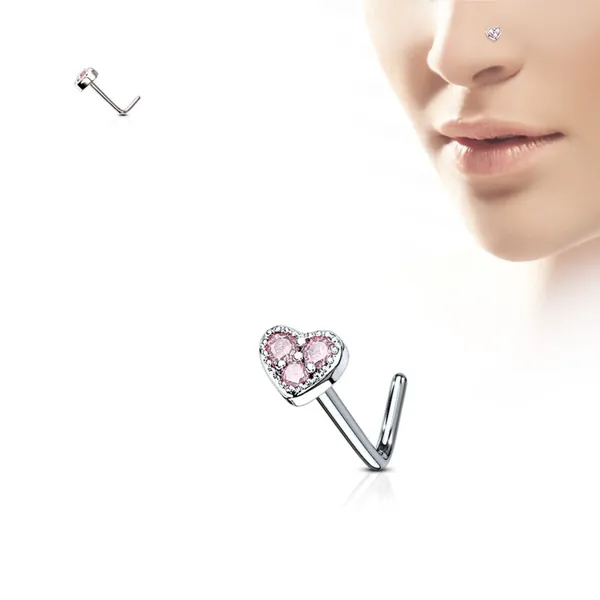 Nose stud with heart top of three coloured crystals – Silver – Pink