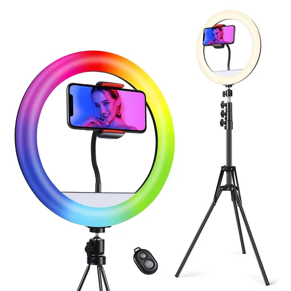 12" LED Ring Light with Tripod Stand Quntis, 5 Normal Color+ 6 RGB Color Dimmable Makeup Ring lights Height Adjustable Ring Light with Bluetooth Remote for Live Stream, Selfie, TikTok, Makeup