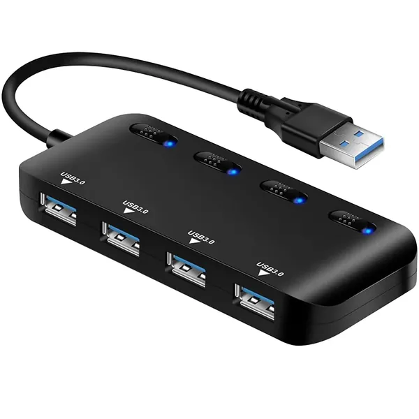 4 Port USB 3.0 Hub, USB Hub Active Splitter Data Hub 5Gbps with Individual Power Switch and LEDs, USB Hub Adapter for PC, Laptops, Compatible with MacBook Air, Mac Pro/Mini, iMac, Surface Pro