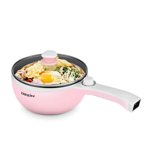 Dezin Electric Hot Pot Upgraded, Non-Stick Sauté Pan, 1.5L Mini Electric Fondue Pot for Cheese, Chocolate, Stir Fry, Roast, Steam with Power Adjustment, Perfect for Ramen, Steak, Fried Rice, Pink (Egg Rack Included) - Pink