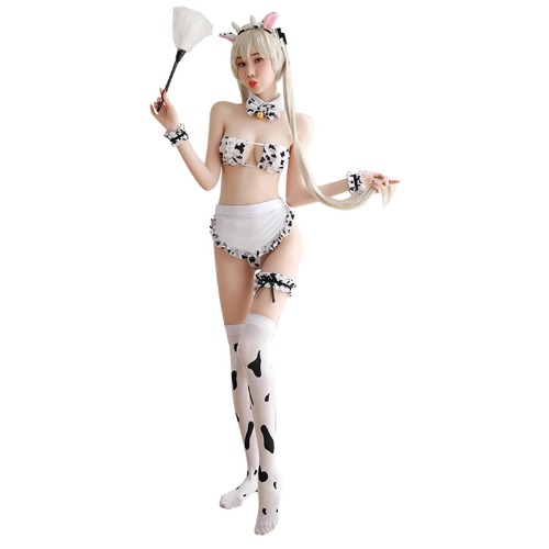 Womens Sexy Maid Cosplay Lingerie Furry Milk Cow Costume Kawaii Anime Bikini Set Mini Leopard Bra and Panty Outfit