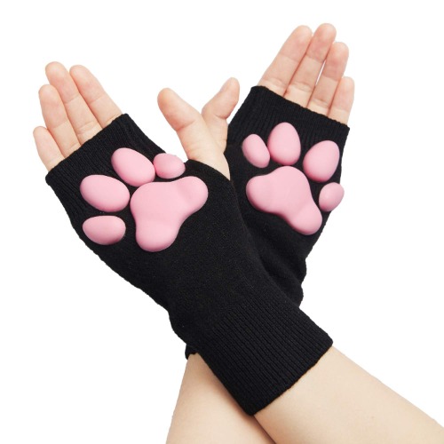 Cute Cat Paw Mittens Gloves, Kawaii Cat Cosplay Kawaii Soft 3D Toes Beans Fingerless Cat Claw Paws Pad Sleeve - Black-short
