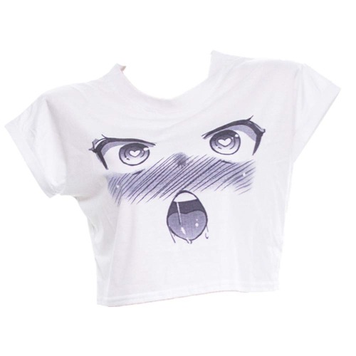My Sky Women's Ahego Print Short Sleeve Crop Top Casual Round Neck Soild Basic T-Shirt - Ahegao