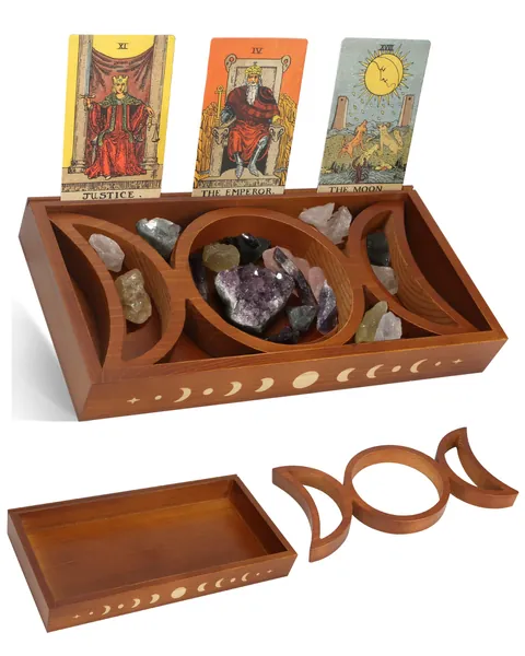 Tarot Card Holder Stand Crystal Display Set, Moon Phase Tray for Healing Stones Storage Witch Decor & Pagan Altar, Brown Wooden Organizer Box for Wiccan & Witchy & Witchcraft & Meditation Decorative - Brown