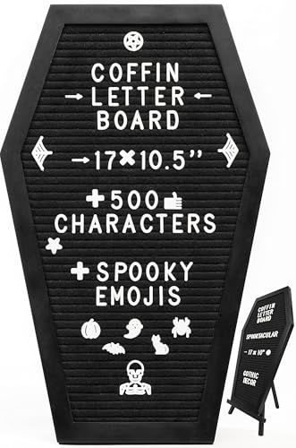 Coffin Letter Board Black With Spooky and All Seasons Emojis +500 Characters, and Wooden Stand - 17x10.5 Inches - Gothic Halloween Decor Spooky Gifts Decorations - Black