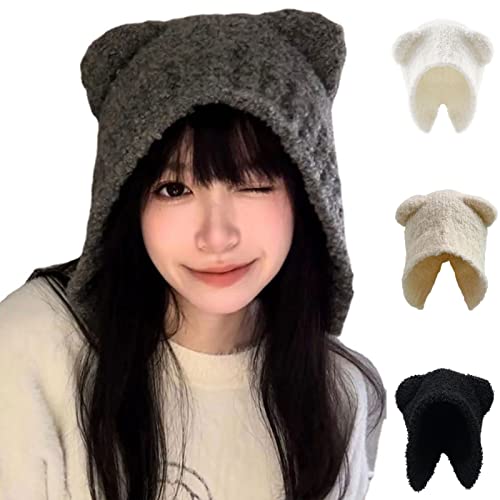 FantasyGears Y2K Bear Ears Beanie Crochet Hat for Women,Kawaii Warm Knitted Slouchy Winter Hat Alt Accessories - One Size - A#grey