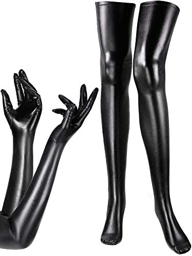 SATINIOR Women's Carnival Halloween Costume Elastic Spandex Shiny Wet Long Gloves and Thigh High Stockings - Black