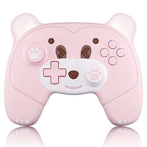 Mytrix Pink Wireless Controller Compatible with Nintendo Switch/Switch Lite, Cute Pro Controller with Macro, Wake-Up, Turbo, Motion, Vibration, Ergonomic Breathing Light, Gift for Gamer Girls Boys - Pink Bear