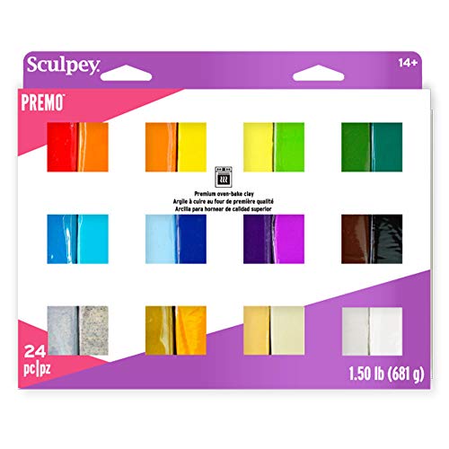 Sculpey Premo 24 Color sampler of Polymer Oven-Bake Clay, Non Toxic 1.5 lbs., Great for jewelry making, holiday, DIY, mixed media and more. Premium clay Great for clayers and artists. - Yellow,Orange,Blue,Translucent,Granite,Green,24 Color,White,Pearl,Turquoise,Silver,Gray,Antique Gold,Purple