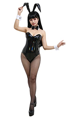 Cosplay.fm Women's Bunny Girl One Piece Bodysuit Japanese Style Bunny Cosplay Costume with Headdress and Bow Accessory - Large - Rainbow Reflective Black