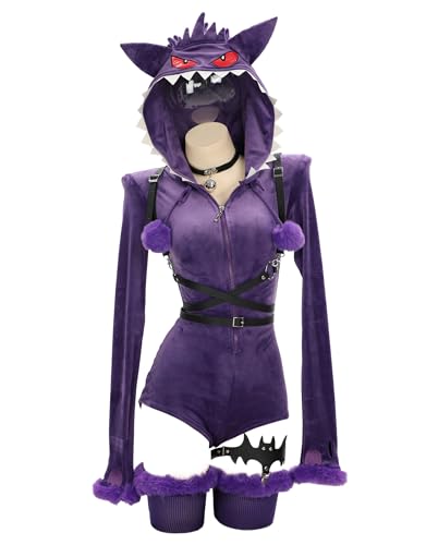 MEOWCOS Women Bodysuit Onesie Pajamas Romper Bodysuit Plush Hooded and Socks with Belt and Tail - Large - Purple