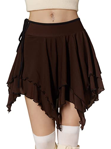Verdusa Women's Y2K Tiered Layer Lettuce Trim Asymmetrical Hem Tie Knot Side Skirt - Medium - Coffee Brown