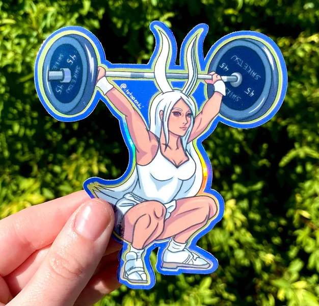 Anime Girl “Weightlifting Waifu” Holographic Sticker, Vinyl, Waterproof, Gym Sticker