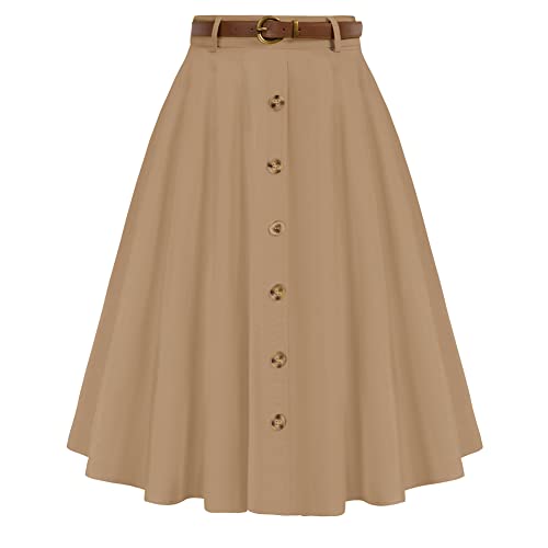 Belle Poque Women's Vintage Stretch High Waist A-Line Flared Midi Skirts with Pockets & Belts - Medium - Khaki-skinny Belt