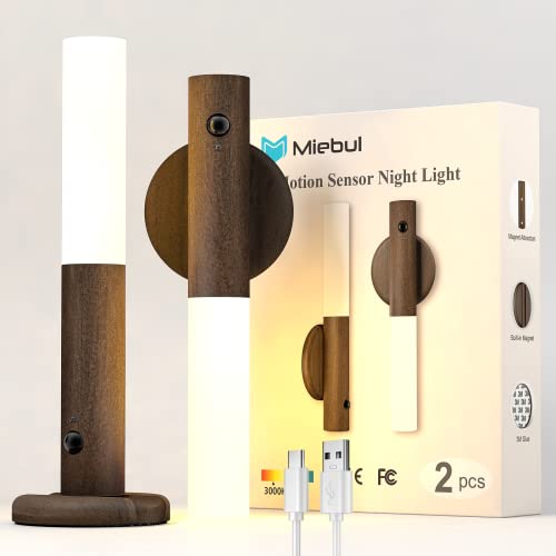 Miebul Motion Sensor Night Light, Magnetic LED Wall Lights Rechargeable Sensor Night Light Indoor Wooden Wall Sconce for Bedroom Corridor Staircase (Walnut Wood 2PCS) - Walnut Wood 2PCS