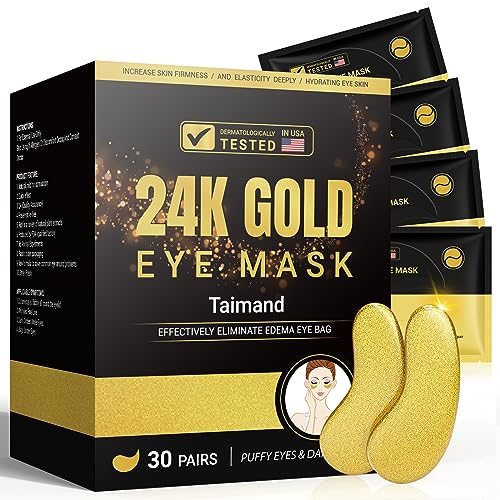 Taimand Under Eye Patches (30 Pairs), 24K Gold Under Eye Mask for Puffy Eyes, Dark Circles,Bags and Wrinkles with Collagen,Relieves Pressure and Reduces Wrinkles,Revitalises and Refreshes Your Skin - Gold