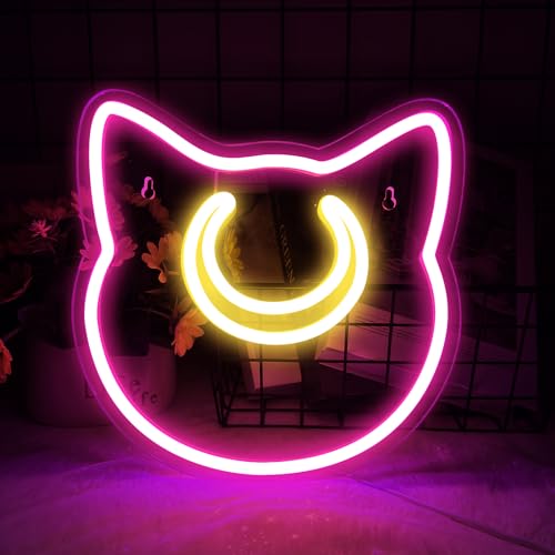 Moon Neon Signs, Dimmable Anime Magic Cat Moon Neon Light Sign for Pub Club Cafe Game Room Wall Decor, USB Powered Cartoon Cat Moon Light for Birthday Gifts 9.84”×9.84" - Moon Cat