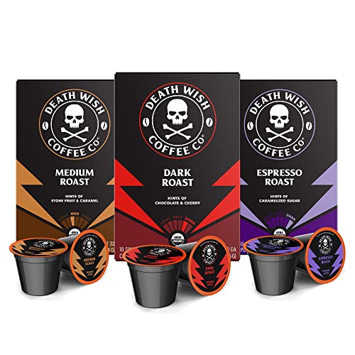 Death Wish Coffee Co., Single Serve Coffee - Extra Kick of Caffeine - 10 Each of Medium, Dark, and Espresso Roast - Mixed Roast Variety Pack - Variety Pack - 10 Count (Pack of 3)