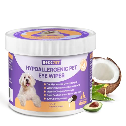 HICC PET Eyes Wipes for Dogs & Cats - Gently Remove Tear Stain, Eye Debris, Discharge, Mucus Secretions - Coconut Oil Pet Cleaning Grooming Deodorizing Wipes for Eyes, Wrinkle, Face - 100pcs - 100 count