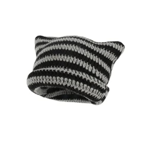 Cute Grey & Black Cat Ears Warm Beanie Hat - BlackGray / One Size