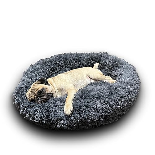 Calming Pet Bed - Round Fluppy Washable Large Bed for Dogs - Non-Slip Bottom, Faux Fur Cat Bed, Grey - Large Grey | 33.5"L x 33.5W x 8.2 Thickness