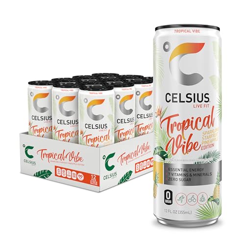 CELSIUS Sparkling Tropical Vibe, Functional Essential Energy Drink 12 Fl Oz (Pack of 12) - Sparkling Tropical Vibe