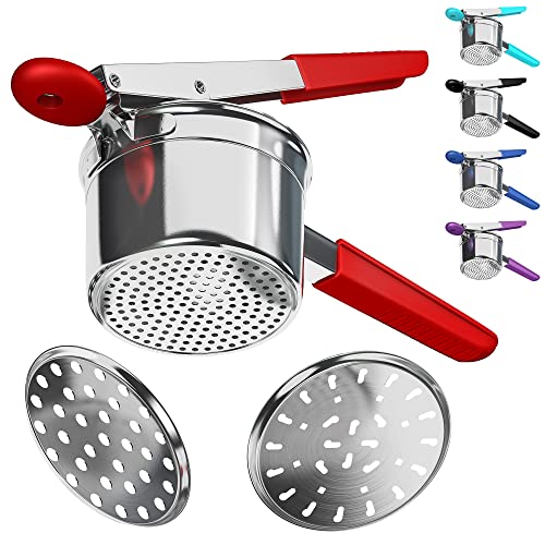 Potato Ricer Stainless Steel with 3 Interchangeable Fineness Discs, Ricer Kitchen Tool for Mashed Potatoes, Cauliflower Rice Maker Masher, Gnocchi Potatoe Spaetzle Press Patoto Masher (Red) - Red