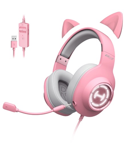 HECATE by Edifier G2 II Pink Gaming Headset, USB Wired Pink Gaming Headphones with Cat Ear for PC/MAC/PS4/PS5, 7.1 Surround Sound, Detachable Cat Ear and Noise Cancelling Microphone, LED RGB Lighting - Pink