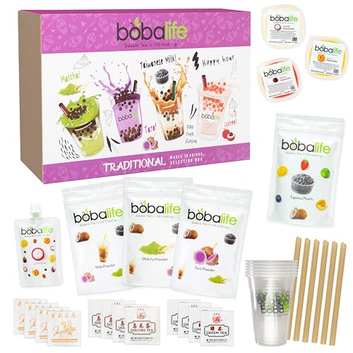 Bubble Tea Kit Gift Box - Traditional Selection Makes 12 Drinks | Flavoured Powders & Syrup Taro, Matcha, Taiwanese Milk, Lychee | Suitable for Vegans | By Bobalife - Traditional